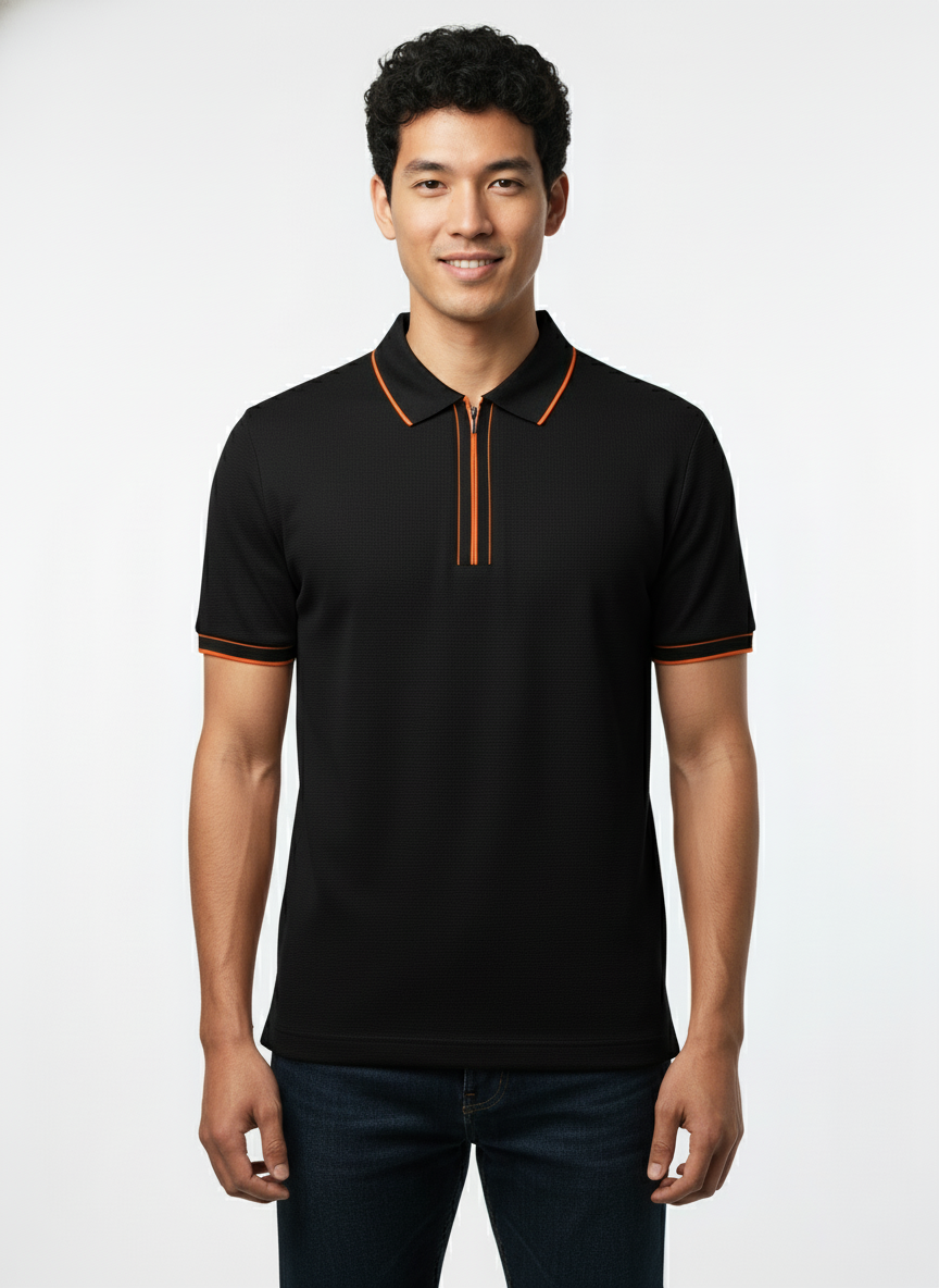 Men's Black Contrast Trim Zip Polo T-Shirt