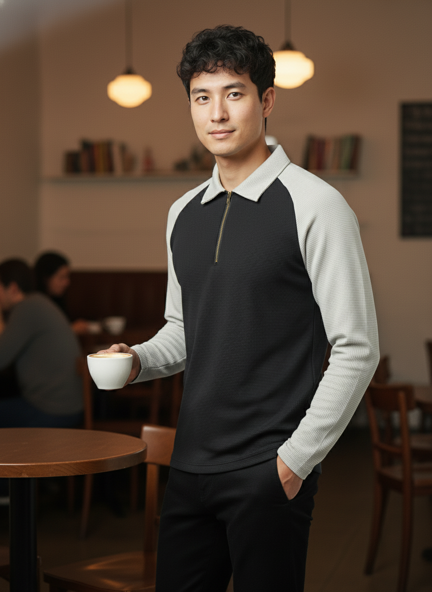 Men’s Black & Light Grey Waffle Knit Quarter-Zip Long Sleeve Polo T-shirt