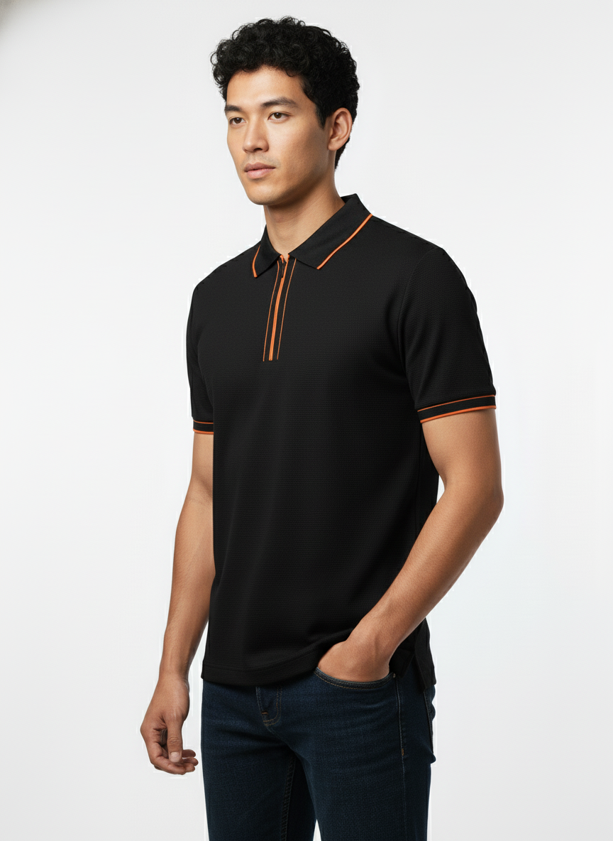 Men's Black Contrast Trim Zip Polo T-Shirt