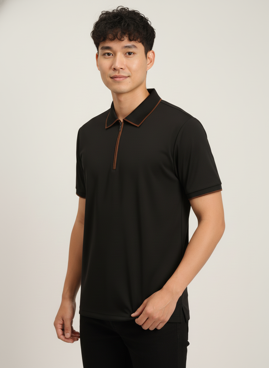 Men's Jet Black Modern Contrast Trim Zip-Neck Polo T-Shirt