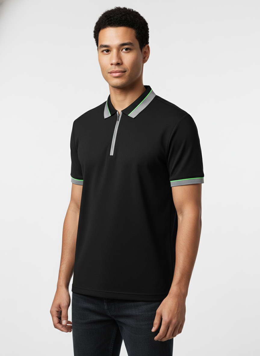 Men's Black Textured Zip-Polo T-Shirt with Neon Collar Accent