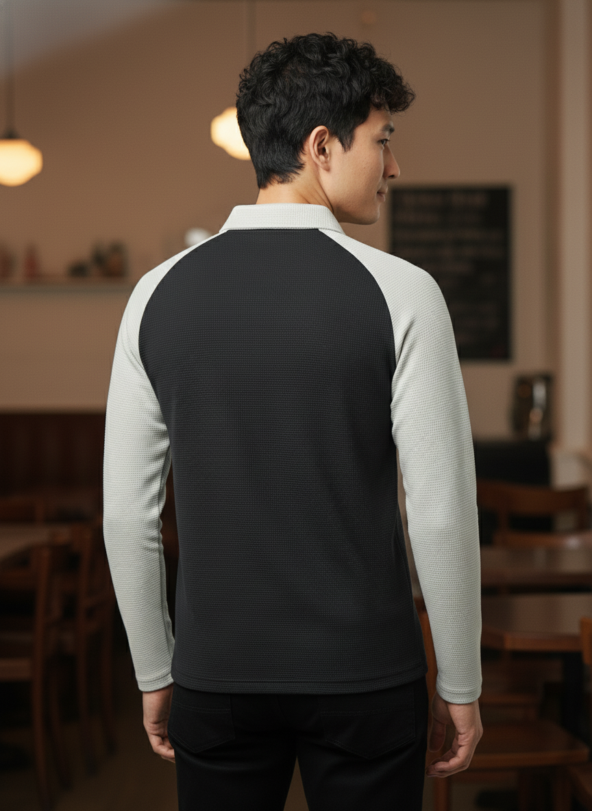 Men’s Black & Light Grey Waffle Knit Quarter-Zip Long Sleeve Polo T-shirt