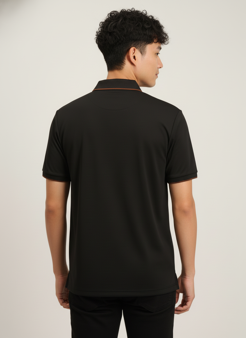 Men's Jet Black Modern Contrast Trim Zip-Neck Polo T-Shirt