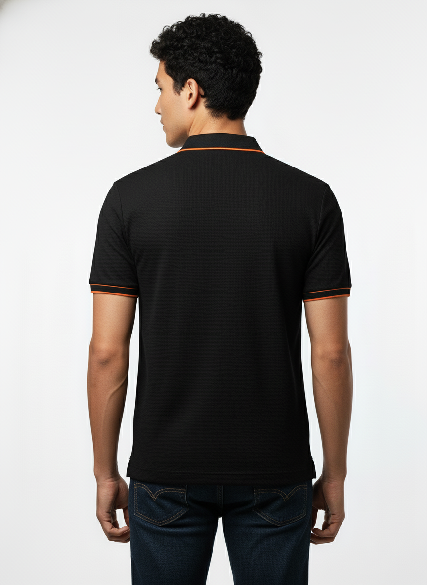 Men's Black Contrast Trim Zip Polo T-Shirt