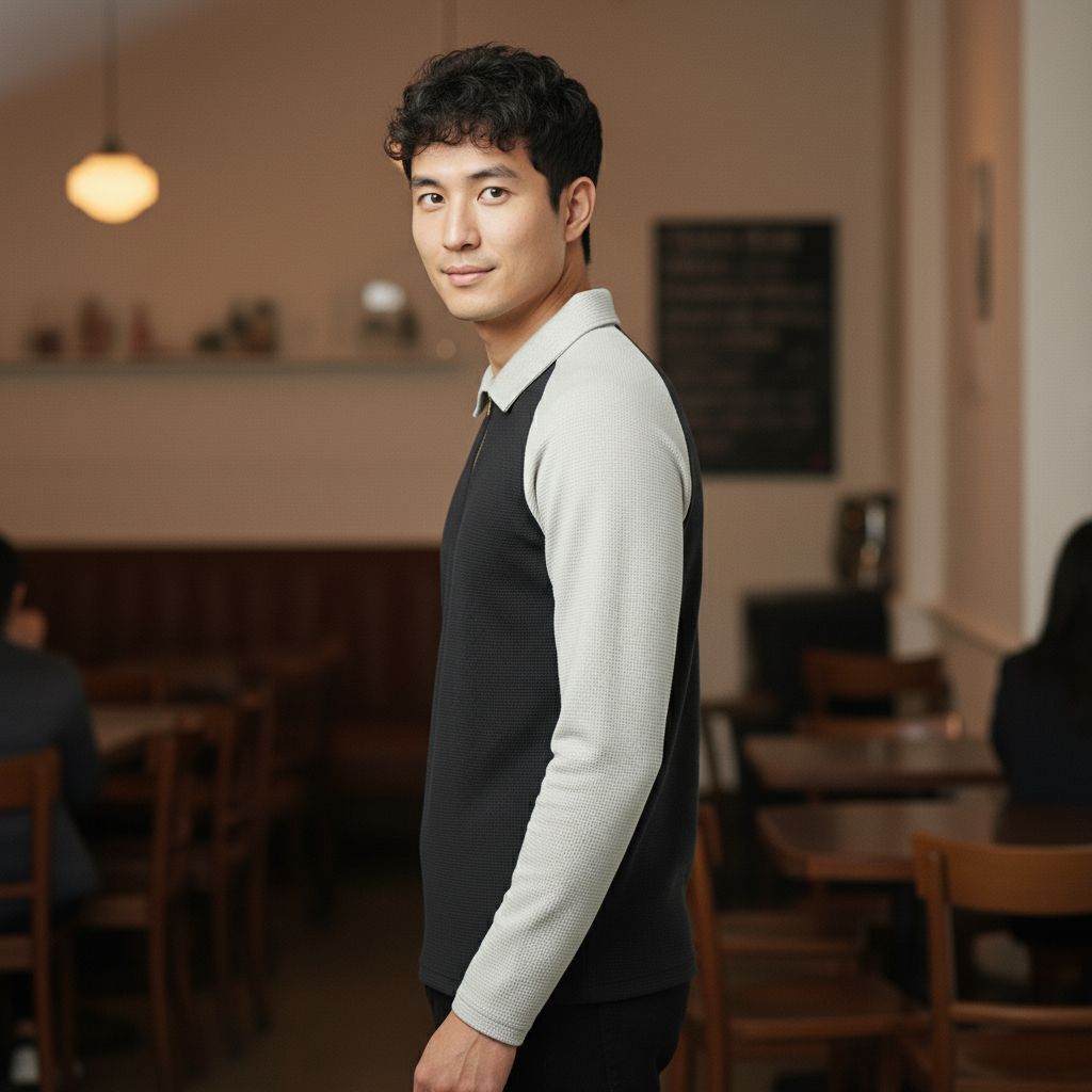 Men’s Black & Light Grey Waffle Knit Quarter-Zip Long Sleeve Polo T-shirt