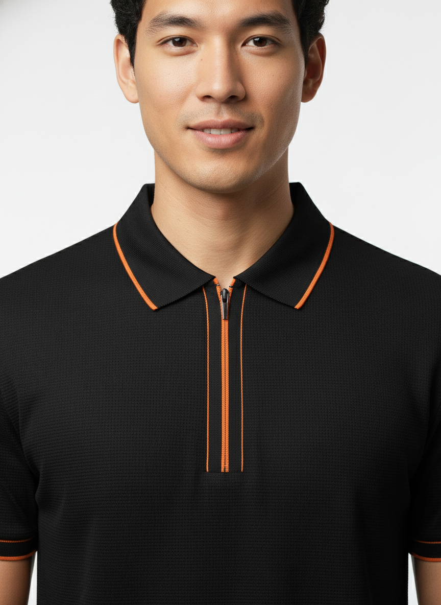 Men's Black Contrast Trim Zip Polo T-Shirt