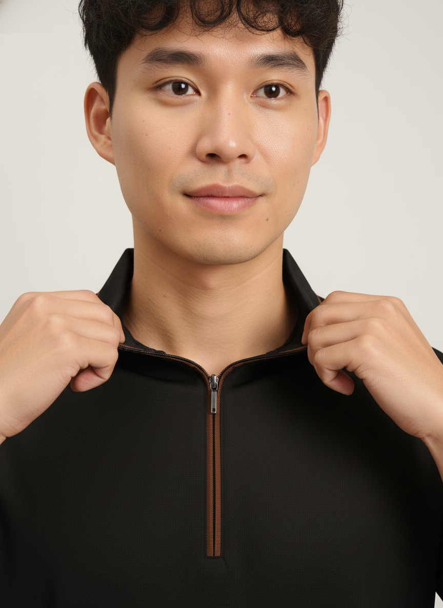 Men's Jet Black Modern Contrast Trim Zip-Neck Polo T-Shirt