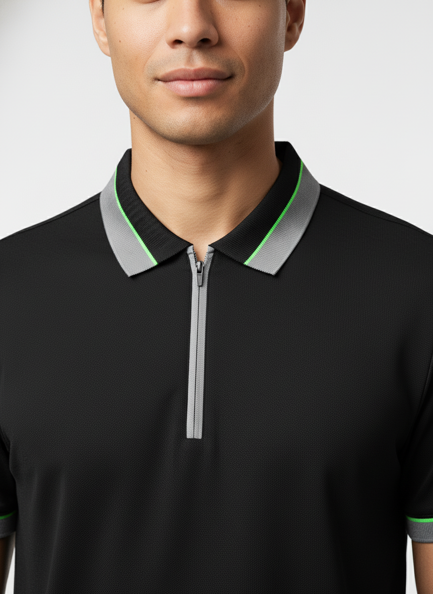Men's Black Textured Zip-Polo T-Shirt with Neon Collar Accent