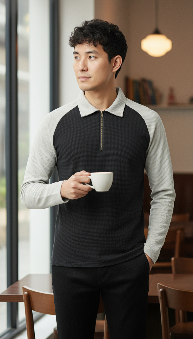 Men’s Black & Light Grey Waffle Knit Quarter-Zip Long Sleeve Polo T-shirt