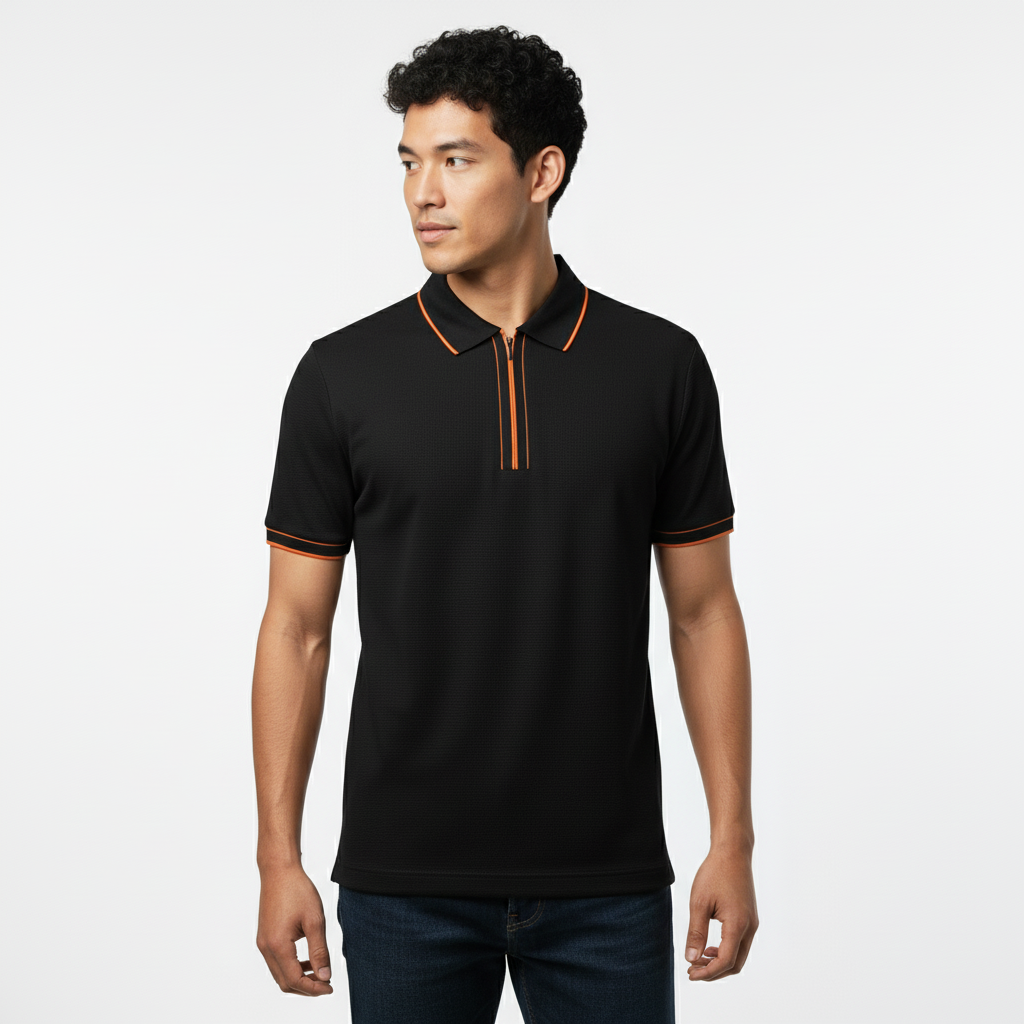Men's Black Contrast Trim Zip Polo T-Shirt