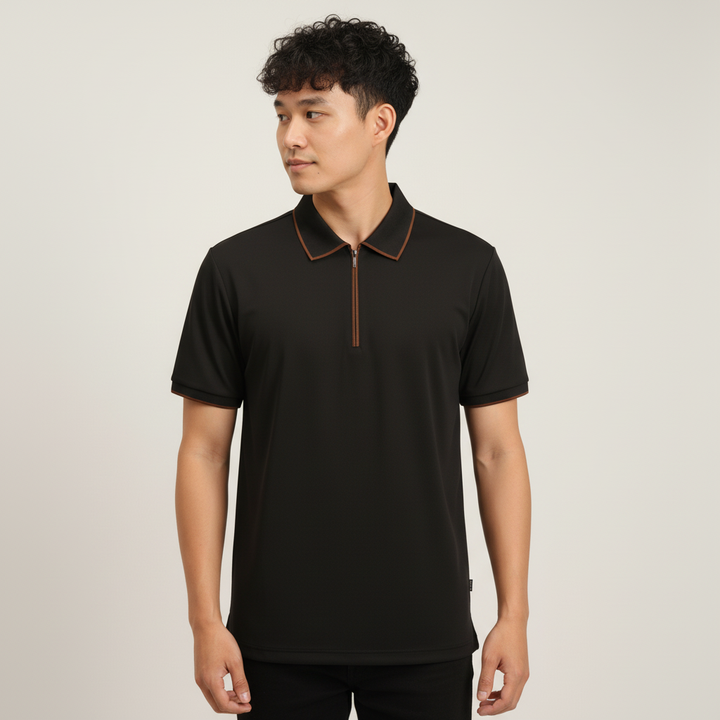 Men's Jet Black Modern Contrast Trim Zip-Neck Polo T-Shirt