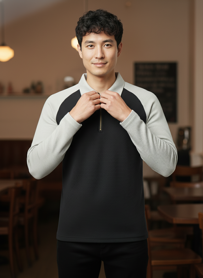 Men’s Black & Light Grey Waffle Knit Quarter-Zip Long Sleeve Polo T-shirt