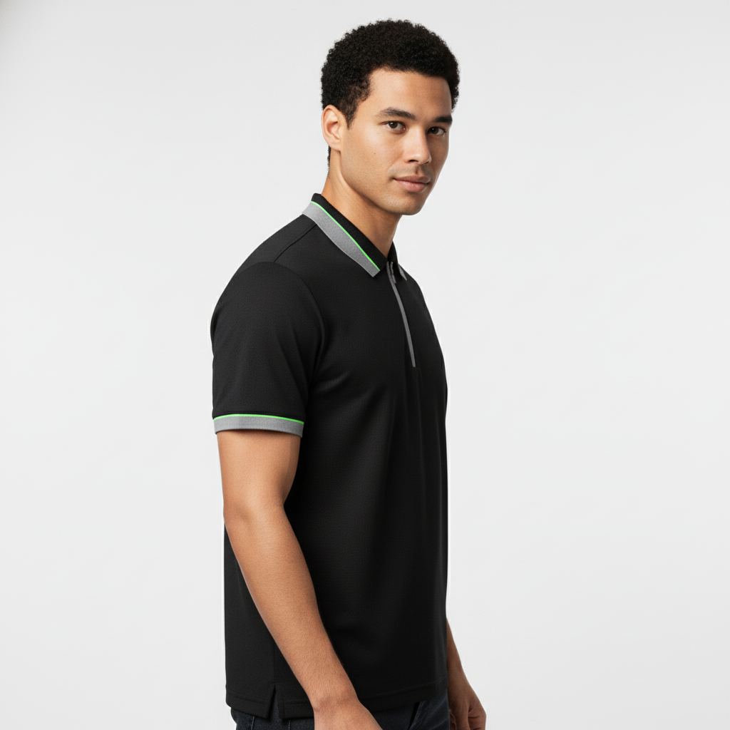 Men's Black Textured Zip-Polo T-Shirt with Neon Collar Accent