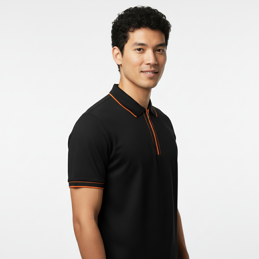 Men's Black Contrast Trim Zip Polo T-Shirt