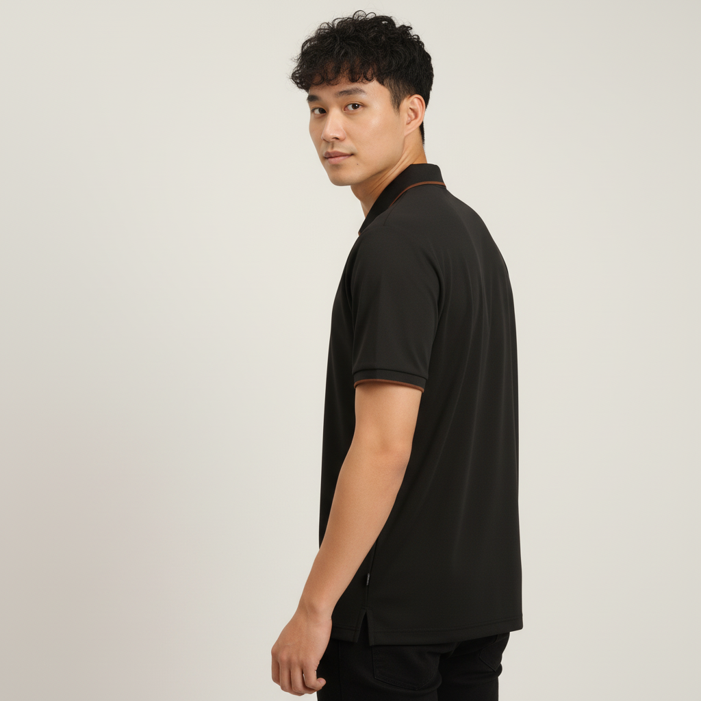 Men's Jet Black Modern Contrast Trim Zip-Neck Polo T-Shirt