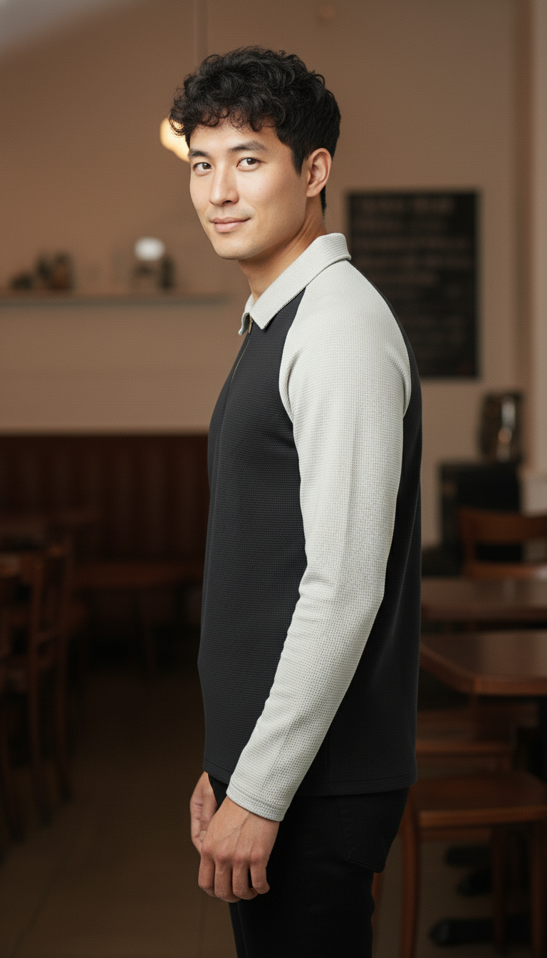 Men’s Black & Light Grey Waffle Knit Quarter-Zip Long Sleeve Polo T-shirt