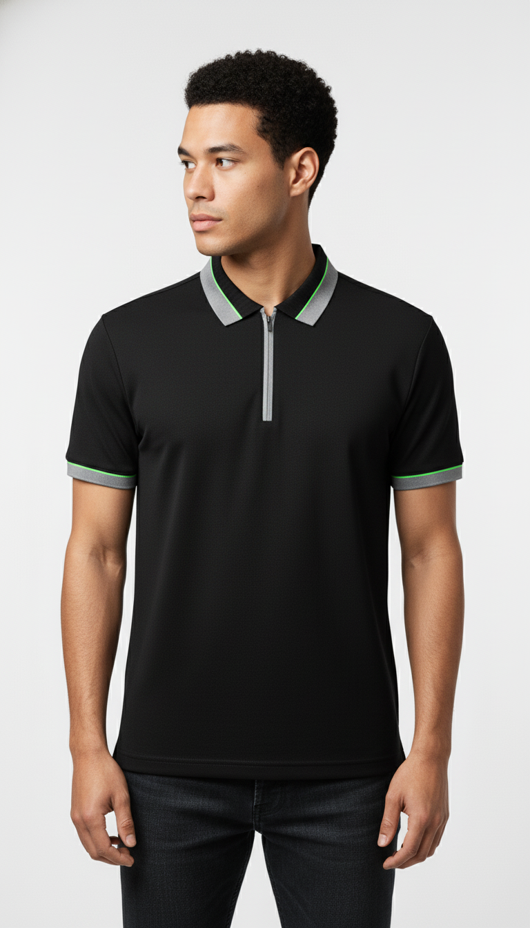 Men's Black Textured Zip-Polo T-Shirt with Neon Collar Accent