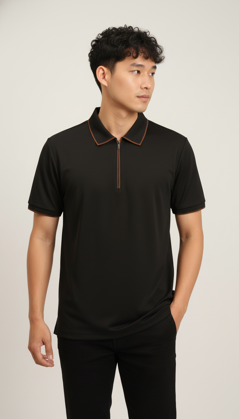 Men's Jet Black Modern Contrast Trim Zip-Neck Polo T-Shirt