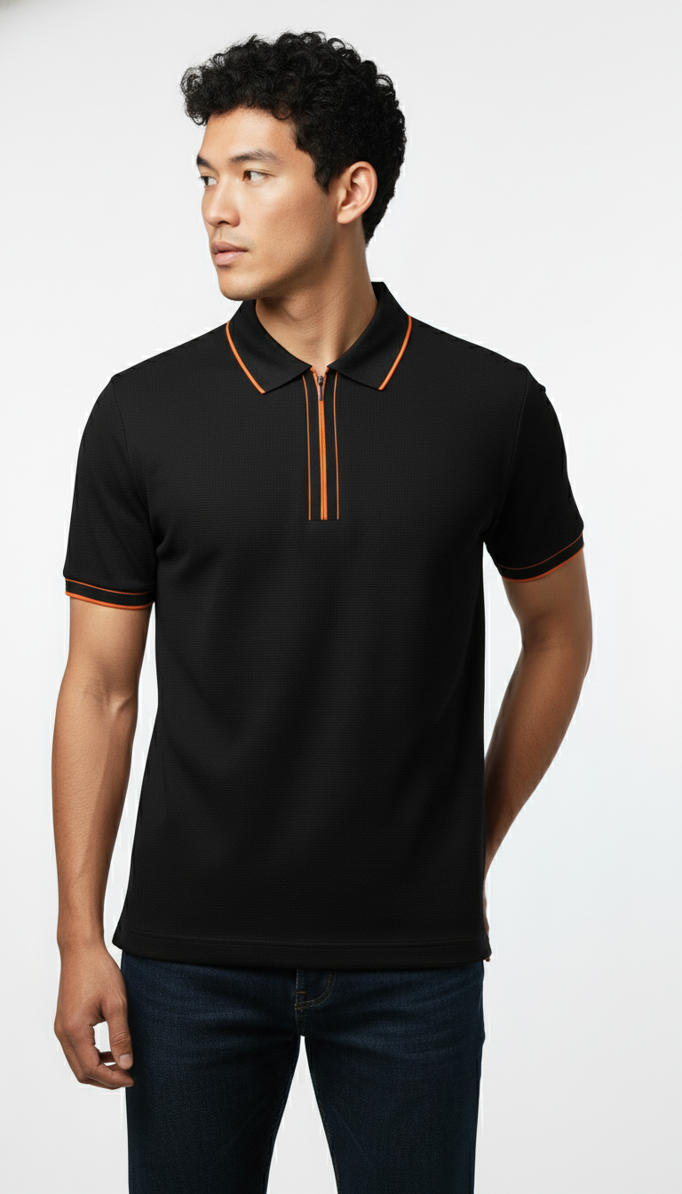 Men's Black Contrast Trim Zip Polo T-Shirt