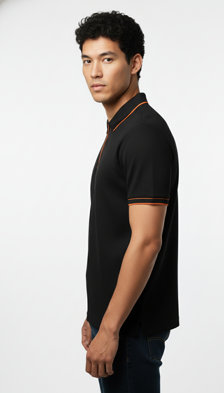 Men's Black Contrast Trim Zip Polo T-Shirt