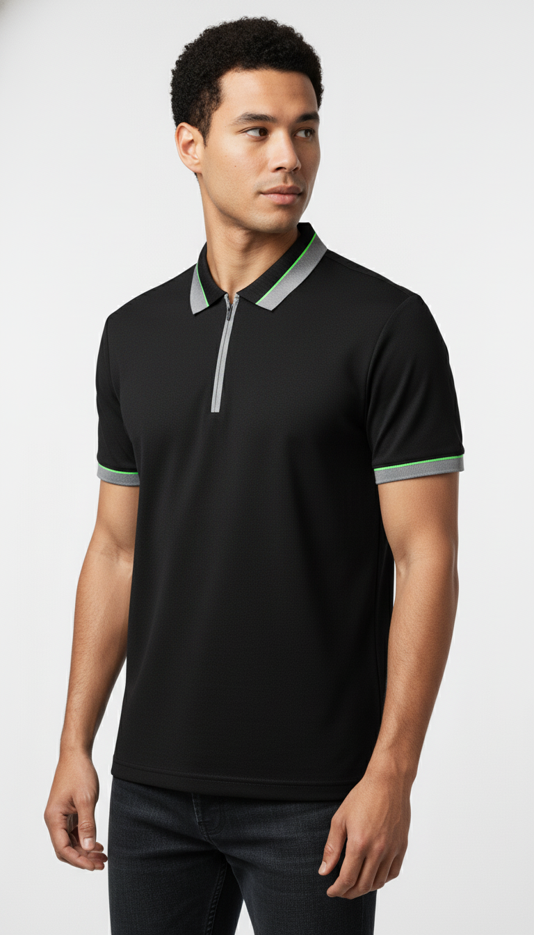 Men's Black Textured Zip-Polo T-Shirt with Neon Collar Accent