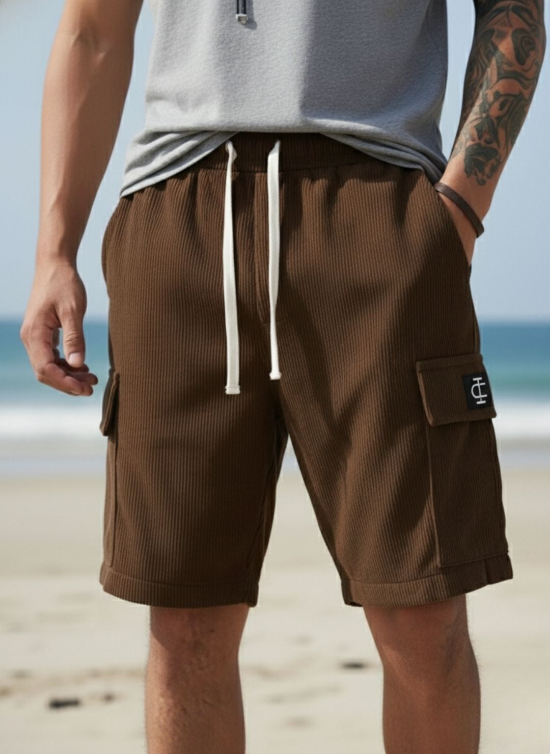 Men's Brown Premium Ribbed Texture Cargo Shorts