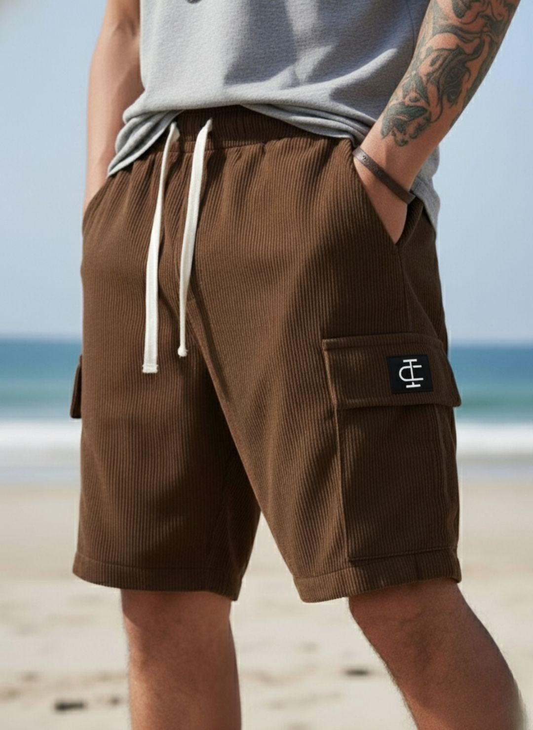 Men's Brown Premium Ribbed Texture Cargo Shorts