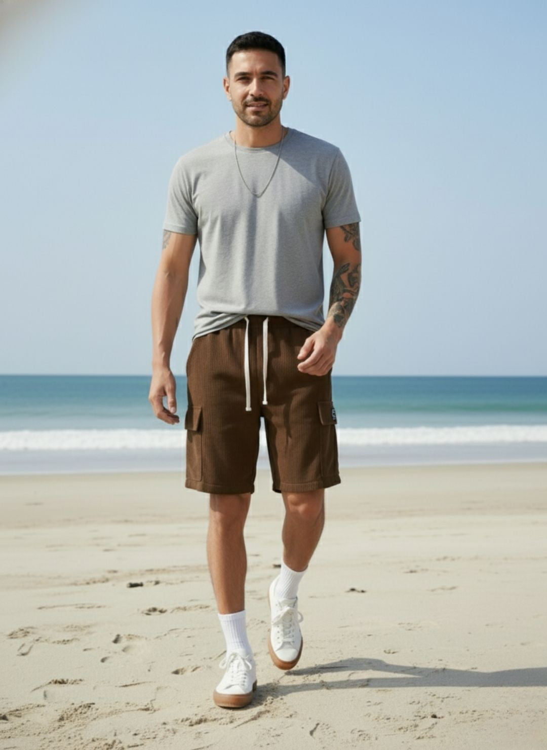 Men's Brown Premium Ribbed Texture Cargo Shorts