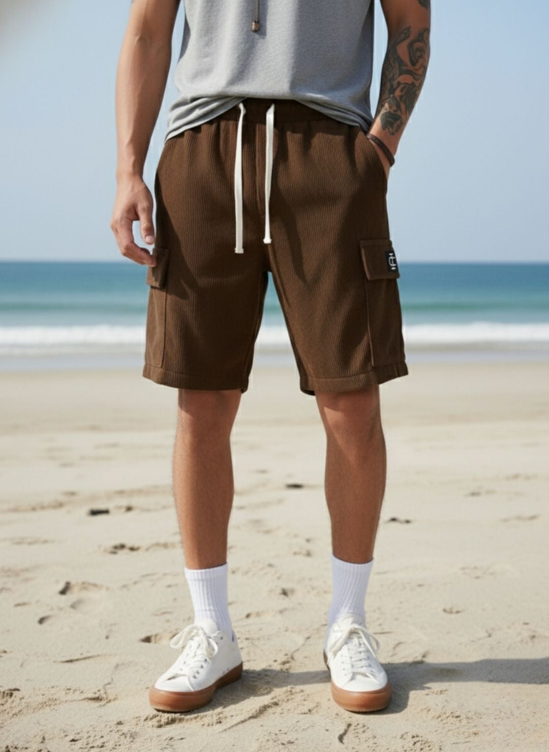 Men's Brown Premium Ribbed Texture Cargo Shorts