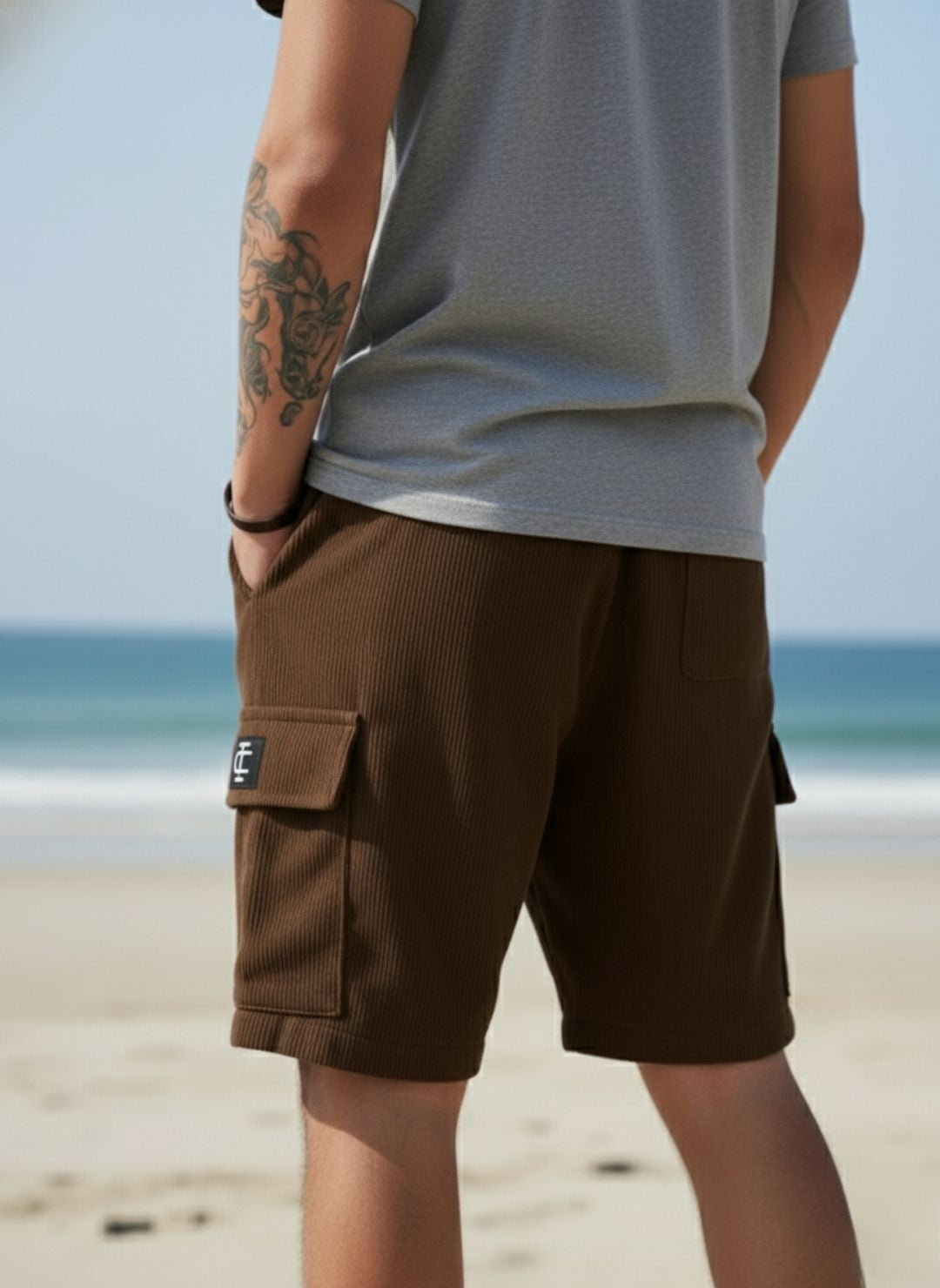 Men's Brown Premium Ribbed Texture Cargo Shorts