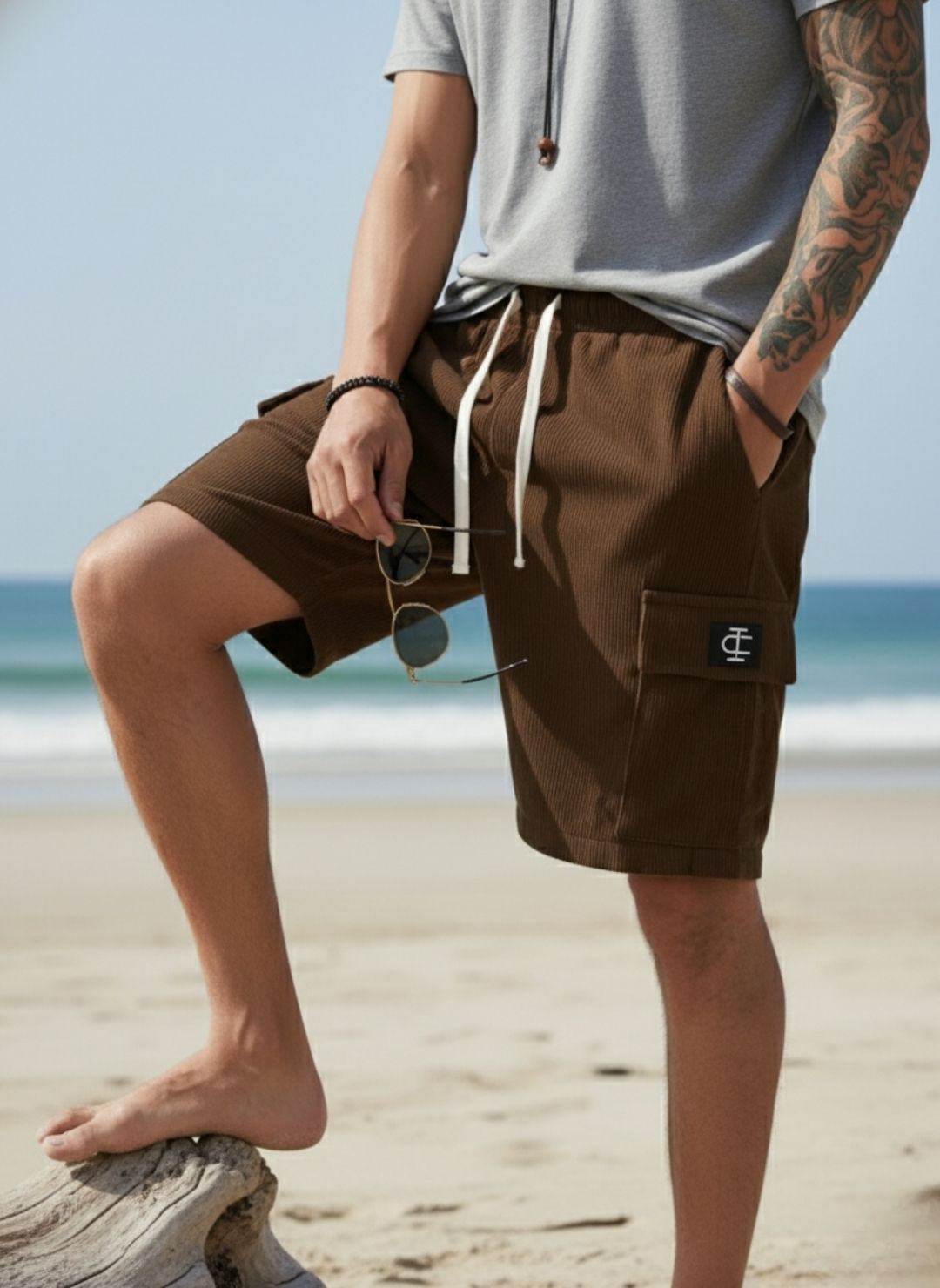Men's Brown Premium Ribbed Texture Cargo Shorts