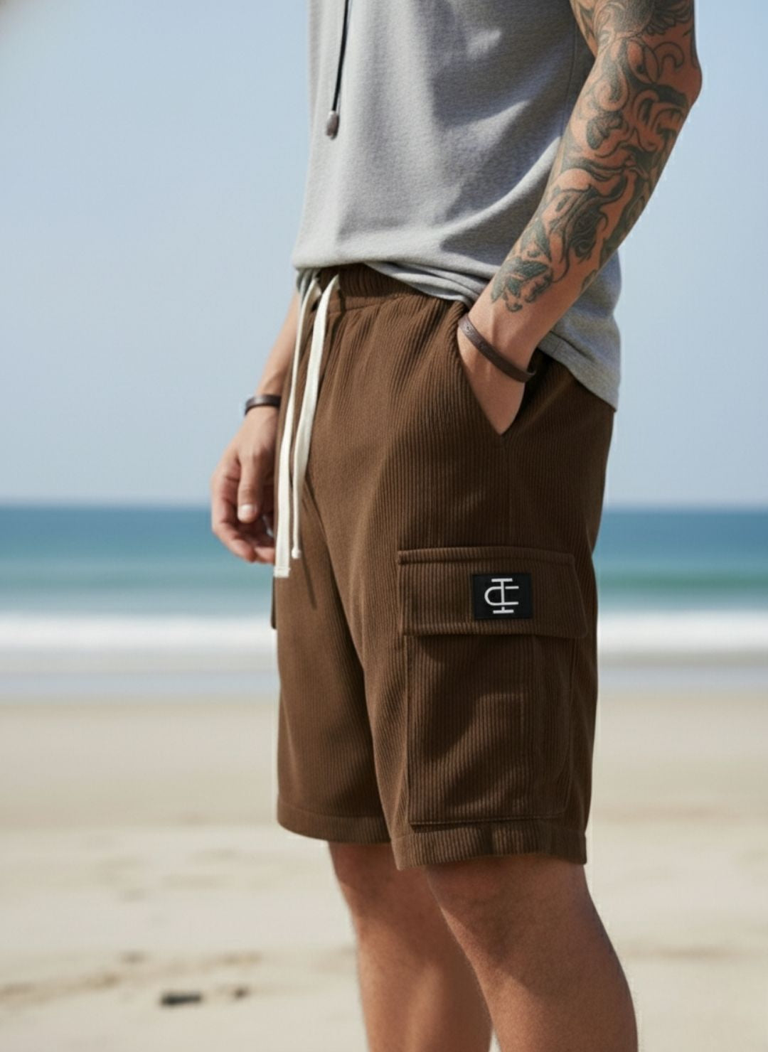 Men's Brown Premium Ribbed Texture Cargo Shorts