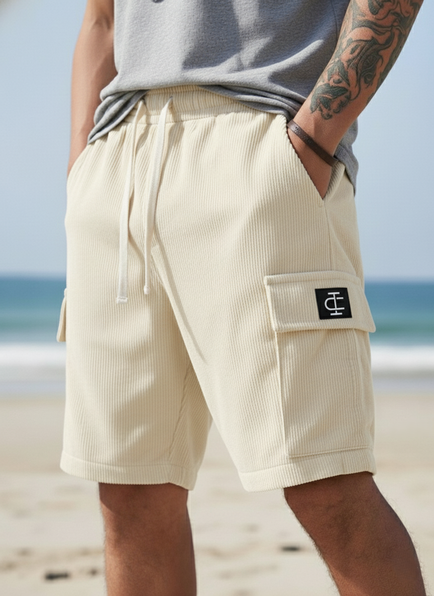 Men's Beige Premium Ribbed Texture Cargo Shorts