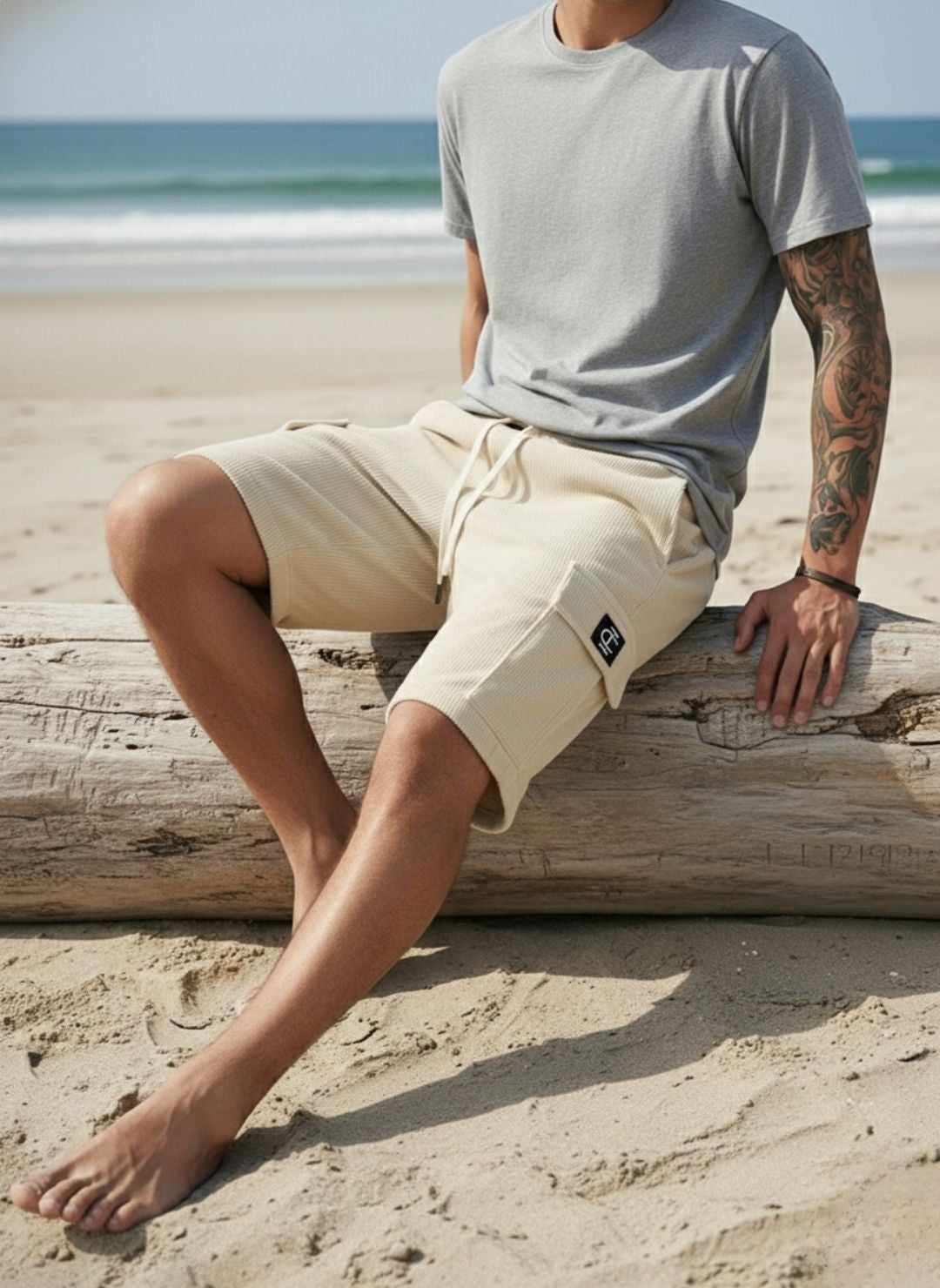 Men's Beige Premium Ribbed Texture Cargo Shorts