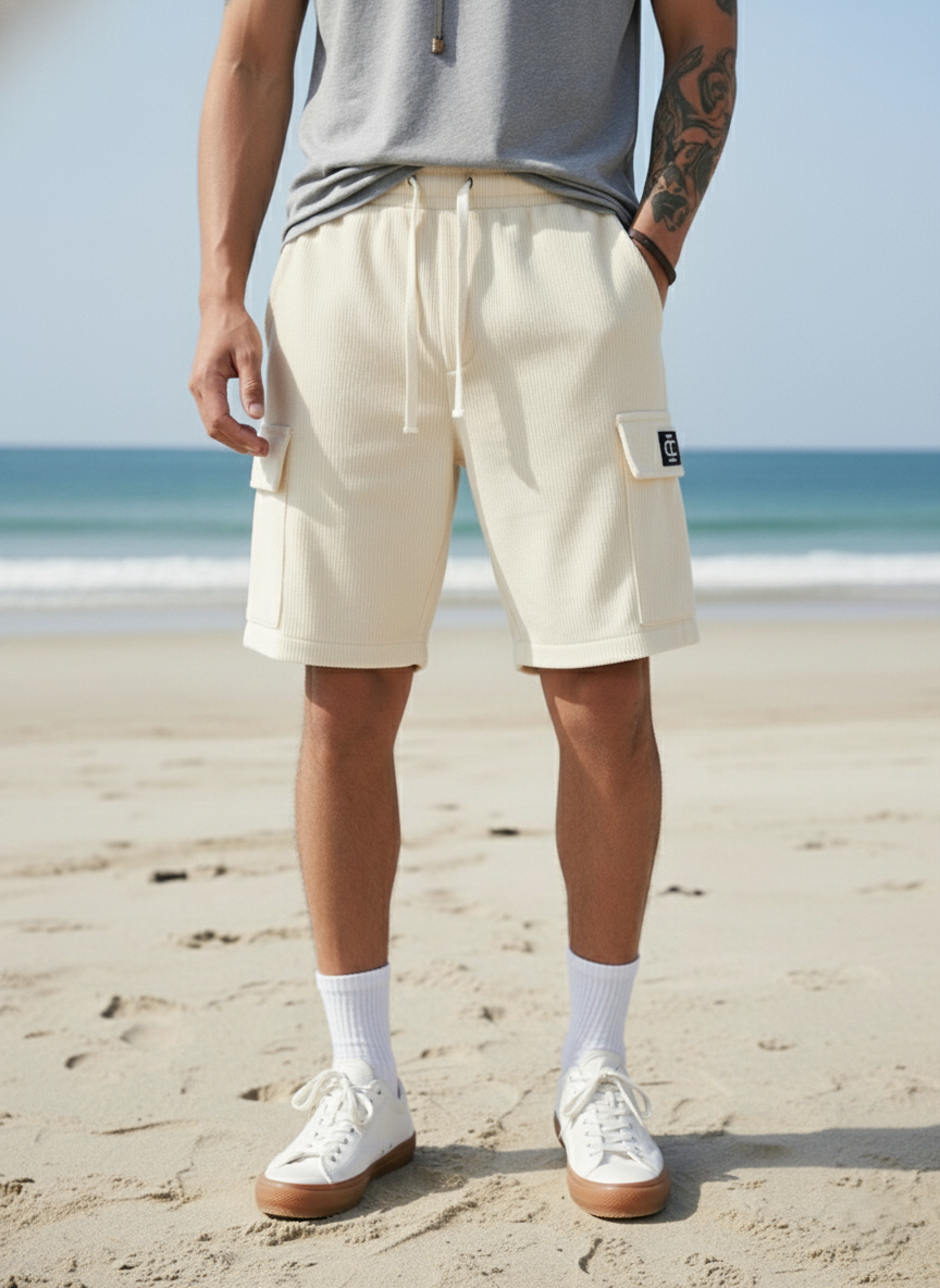 Men's Beige Premium Ribbed Texture Cargo Shorts