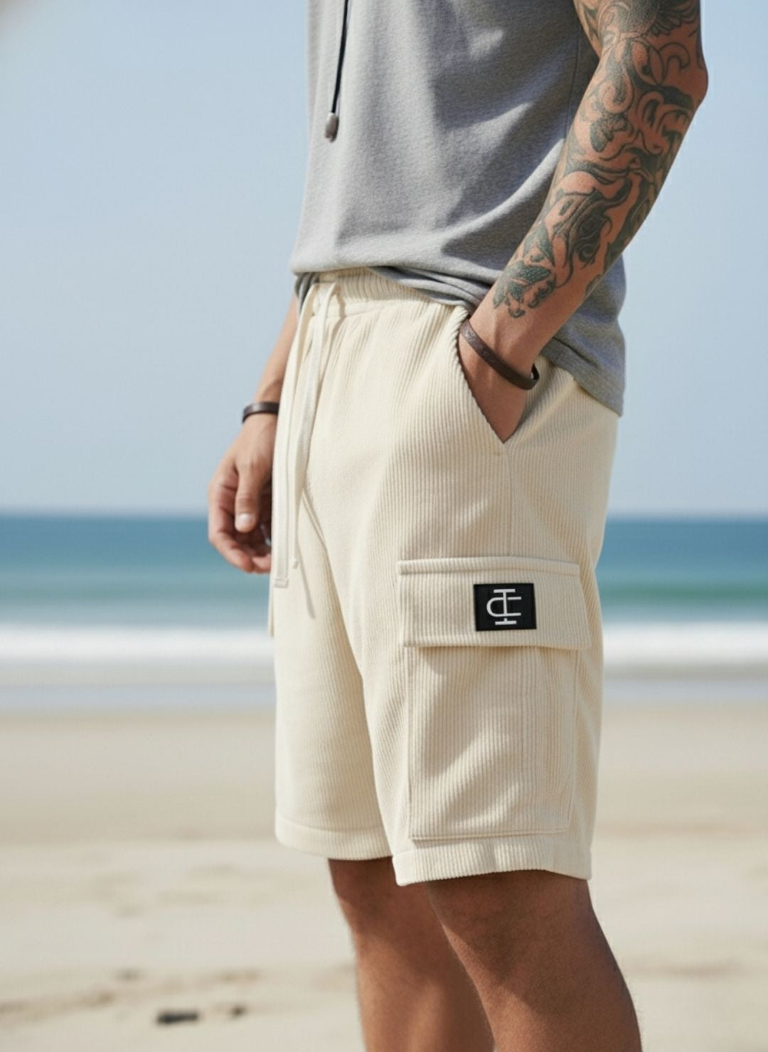 Men's Beige Premium Ribbed Texture Cargo Shorts