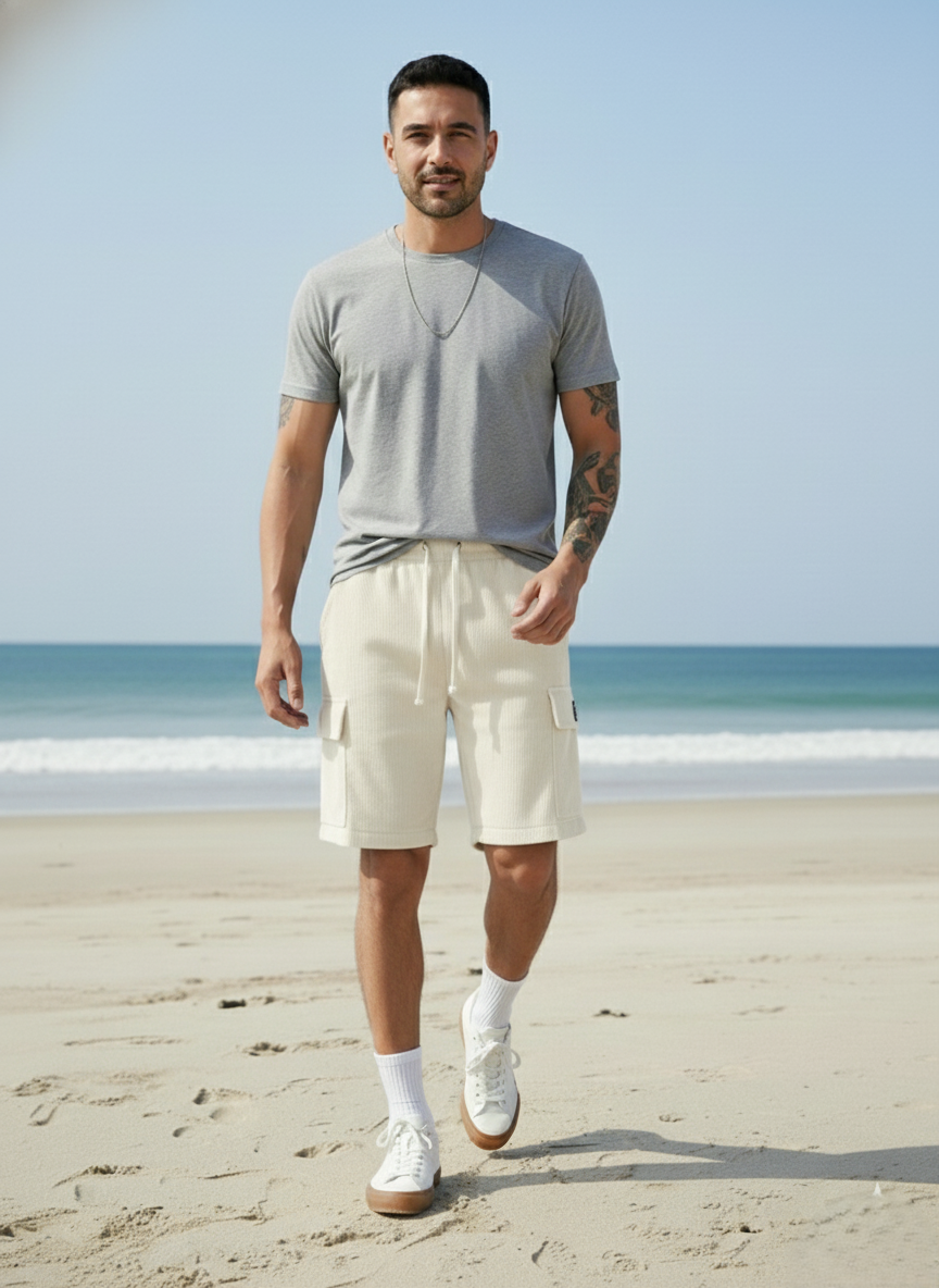Men's Beige Premium Ribbed Texture Cargo Shorts