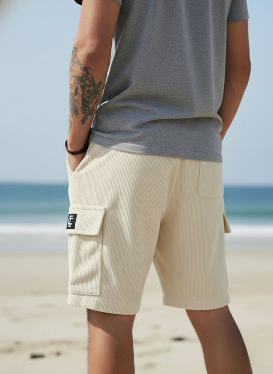 Men's Beige Premium Ribbed Texture Cargo Shorts