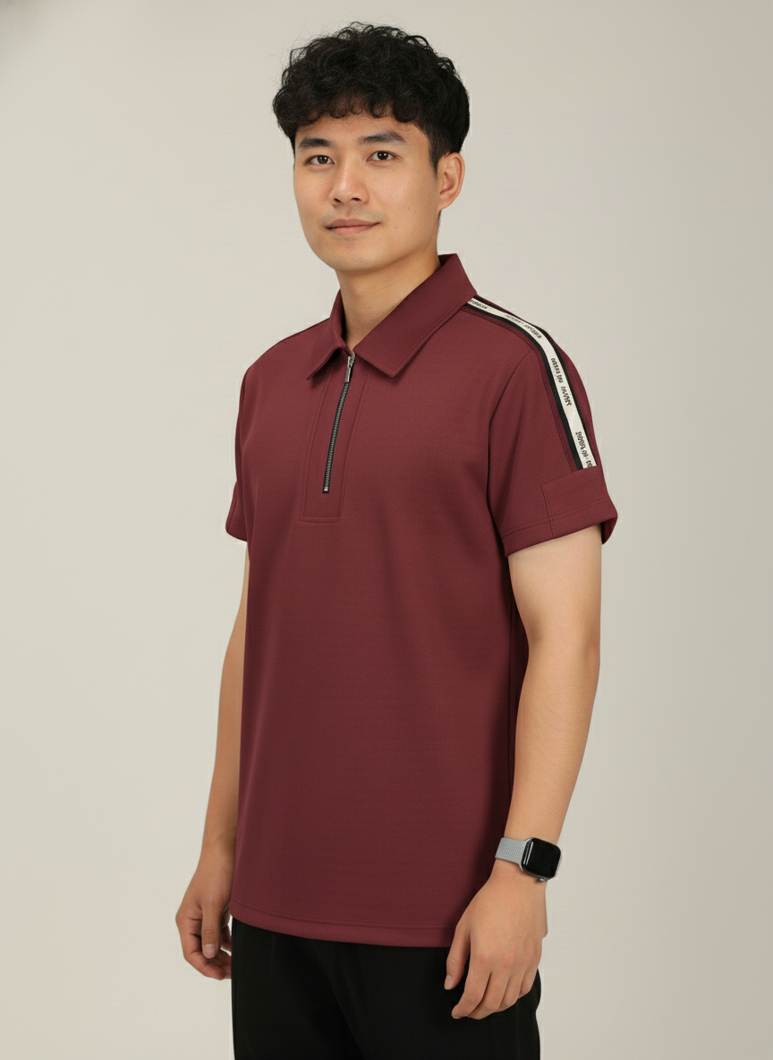 Men's Brick Red Premium Shoulder-Stripe Zip Polo T-Shirt