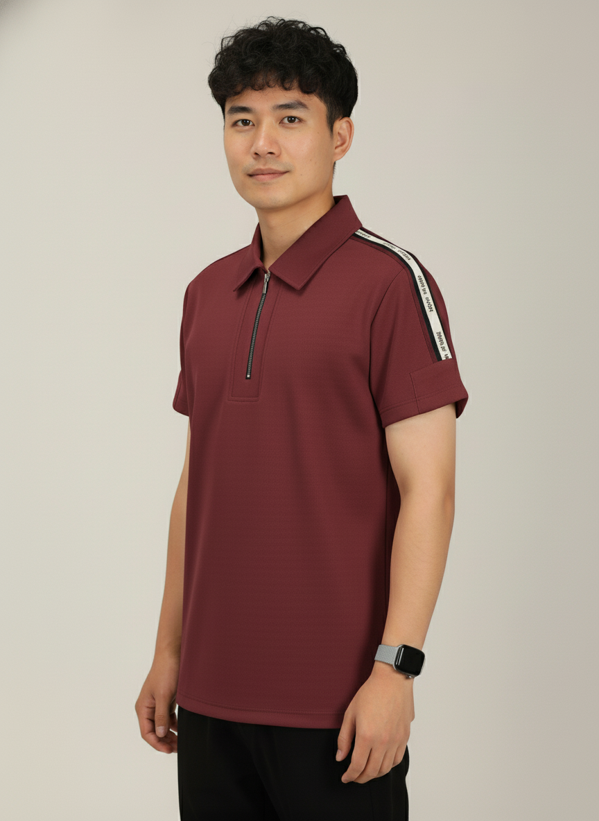 Men's Brick Red Premium Shoulder-Stripe Zip Polo T-Shirt
