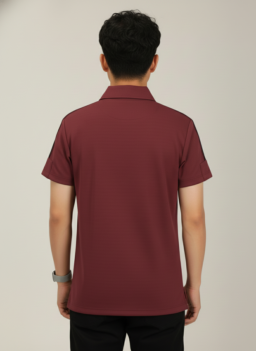 Men's Brick Red Premium Shoulder-Stripe Zip Polo T-Shirt