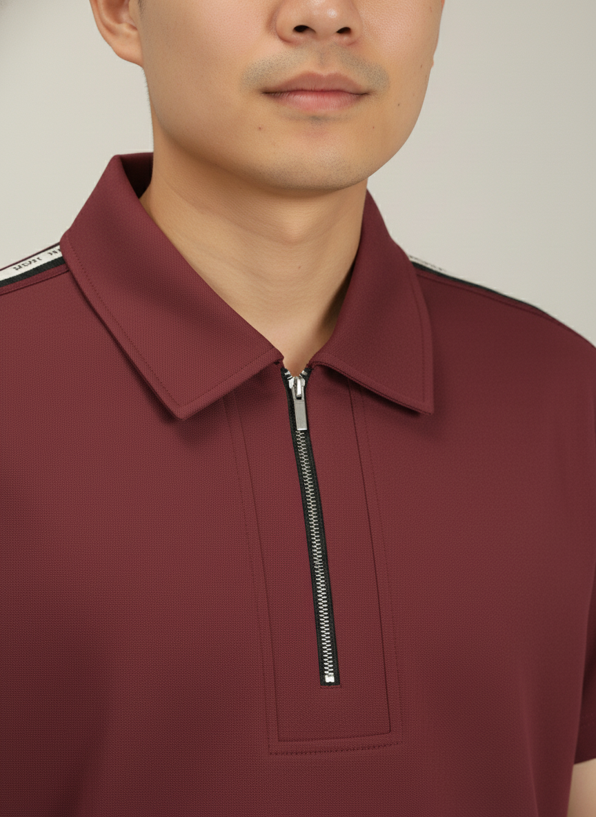 Men's Brick Red Premium Shoulder-Stripe Zip Polo T-Shirt