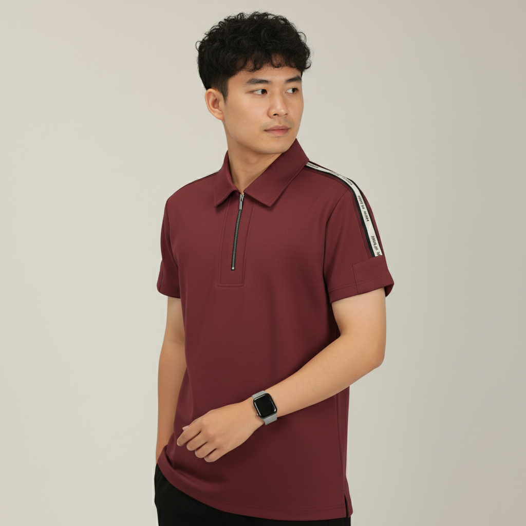 Men's Brick Red Premium Shoulder-Stripe Zip Polo T-Shirt