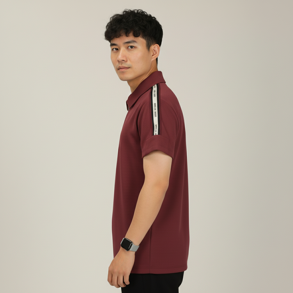 Men's Brick Red Premium Shoulder-Stripe Zip Polo T-Shirt