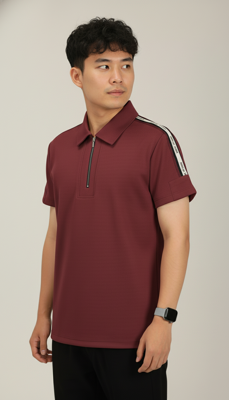 Men's Brick Red Premium Shoulder-Stripe Zip Polo T-Shirt