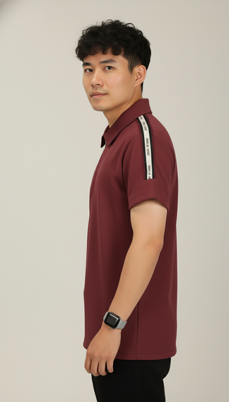 Men's Brick Red Premium Shoulder-Stripe Zip Polo T-Shirt