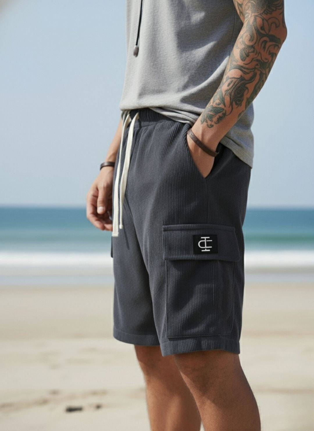 Men's Charcoal Grey Premium Ribbed Texture Cargo Shorts