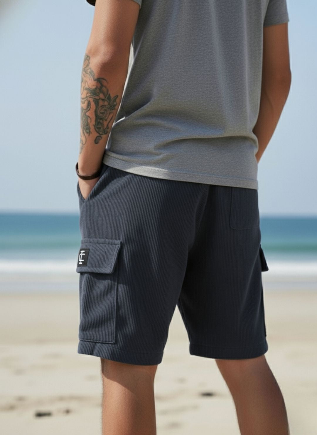 Men's Charcoal Grey Premium Ribbed Texture Cargo Shorts