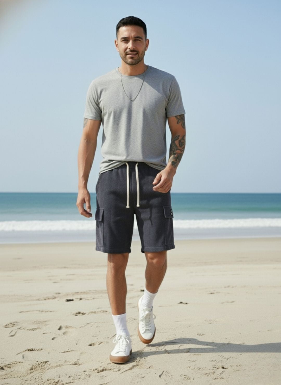 Men's Charcoal Grey Premium Ribbed Texture Cargo Shorts