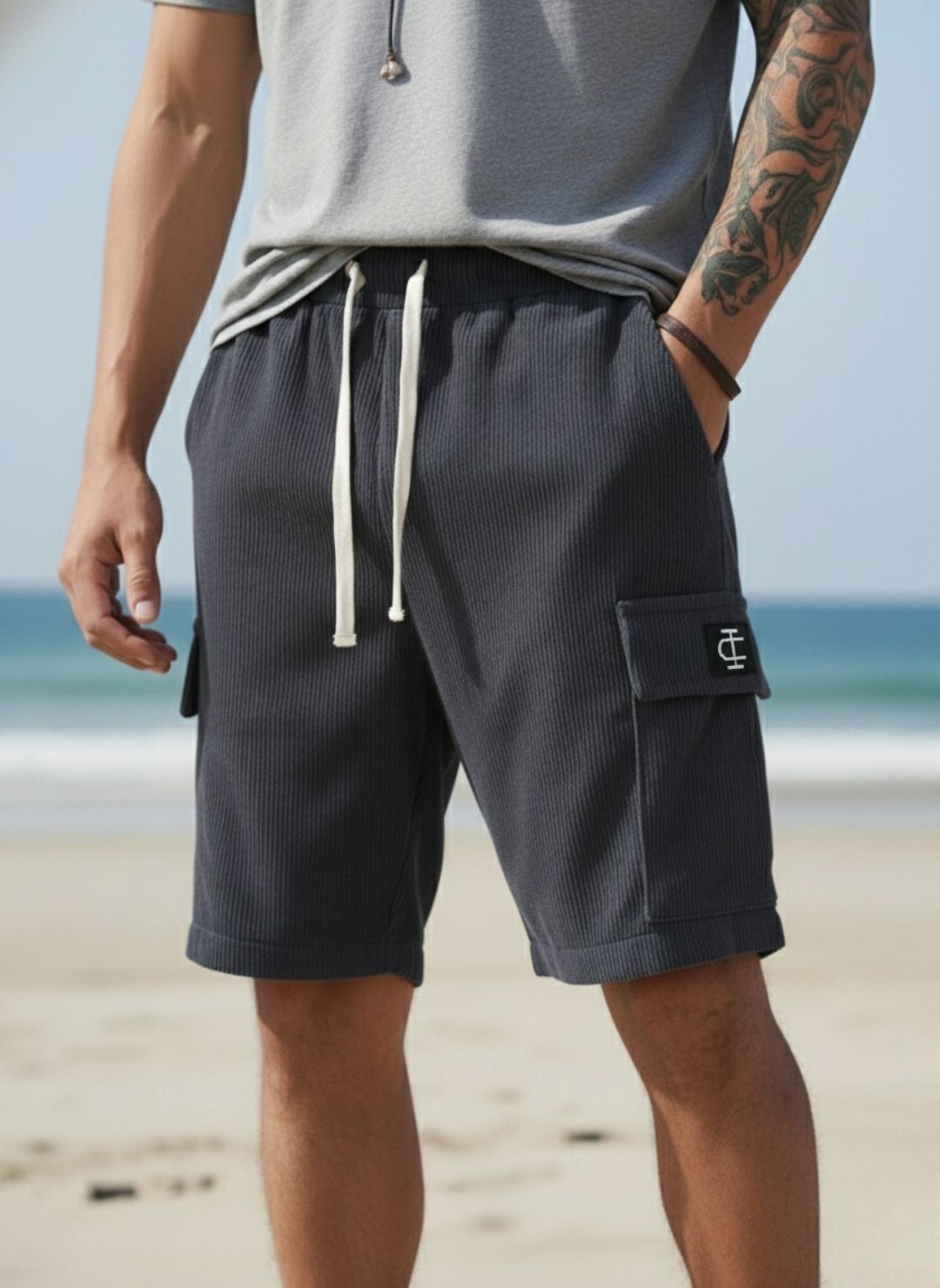 Men's Charcoal Grey Premium Ribbed Texture Cargo Shorts